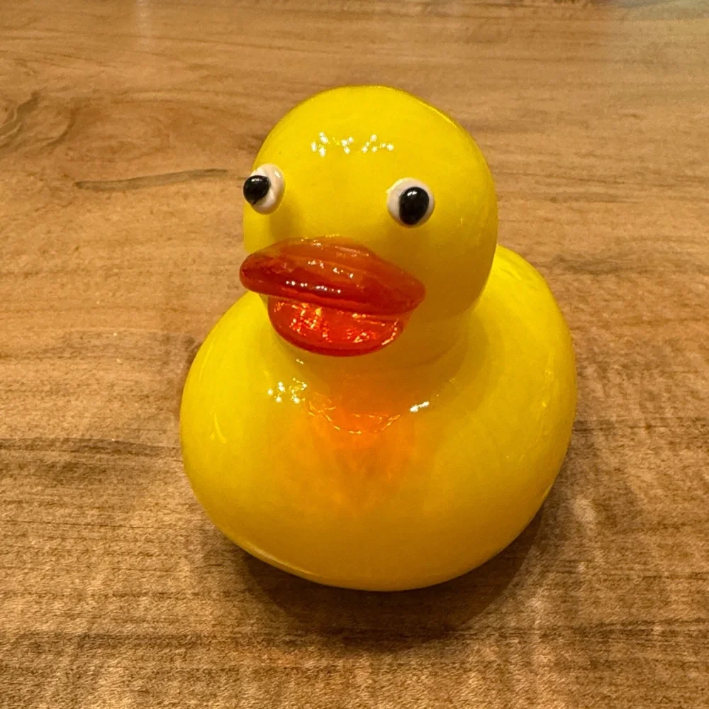 Hand Blown Glass Duck MCM Jeepers Baby Announcement Decorative Yellow Ducky
